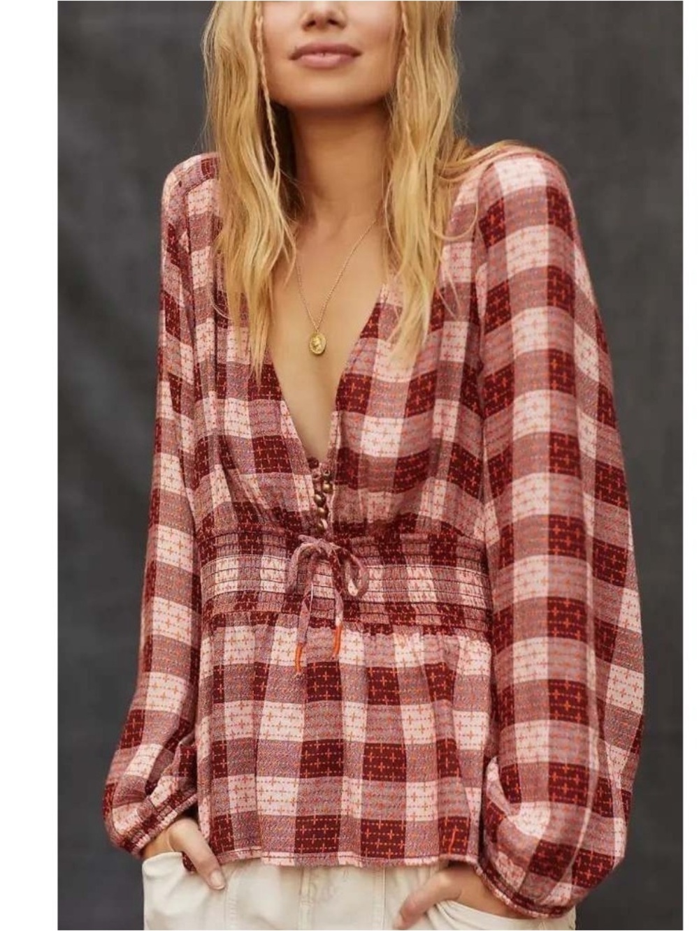 Pilcro and the Letterpress by Anthropologie — Plaid Embroidered Peplum Blouse XS